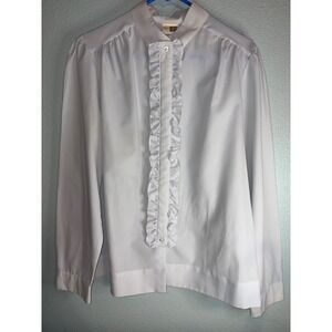 Vintage Sears The Fashion Place White Ruffle Front Tuxedo Blouse Womens 16 Tall